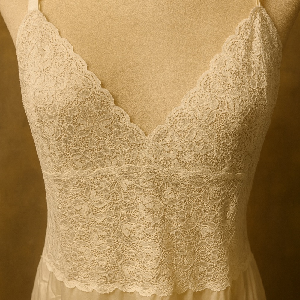 Vintage 1980s Ivory Nylon Lace Full Slip Nightgown Style 1X USA Made - Picture 4 of 6
